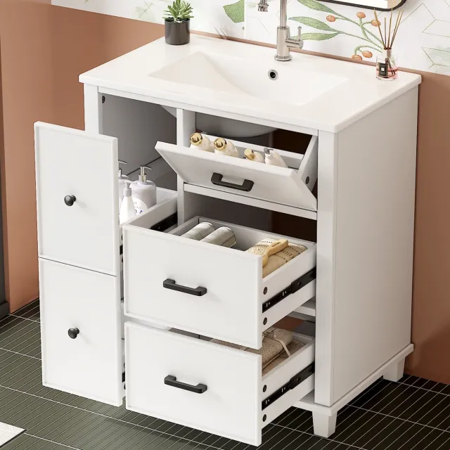 OKWISH Badkamerkast Met Wastafel - Vrijstaand Met 4 Lades En Klaplade - Geintegreerde Keramische Wasbak - Wit MDF - 76,5 x 47 x 83,5 cm