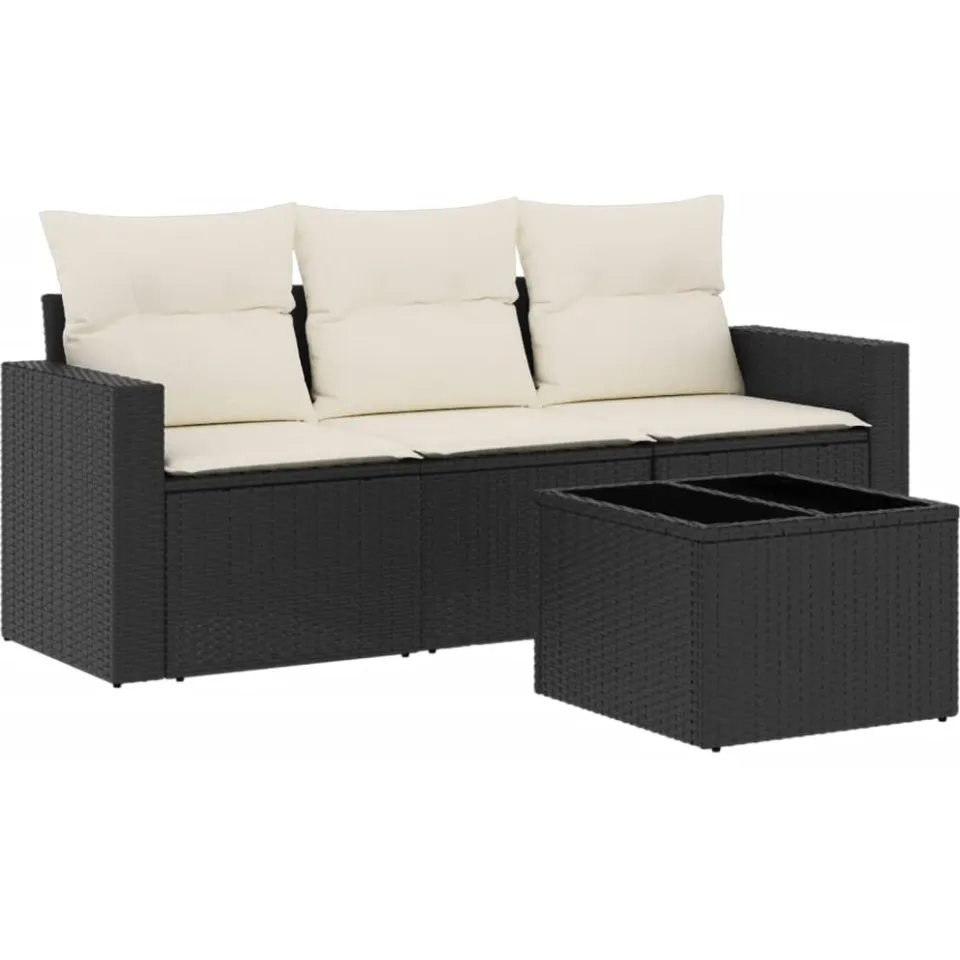 vidaXL 4-delige Loungeset met kussens poly rattan zwart, foto 3