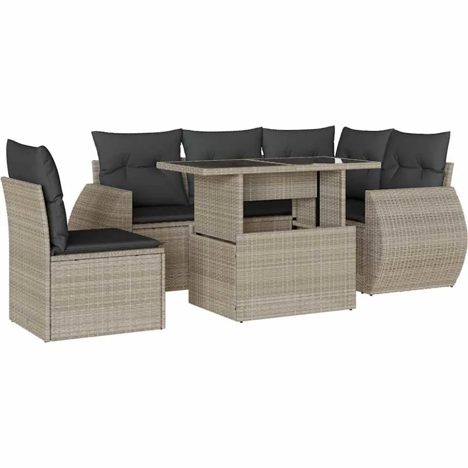vidaXL 6-delige Loungeset met kussens poly rattan lichtgrijs grijs, foto 3