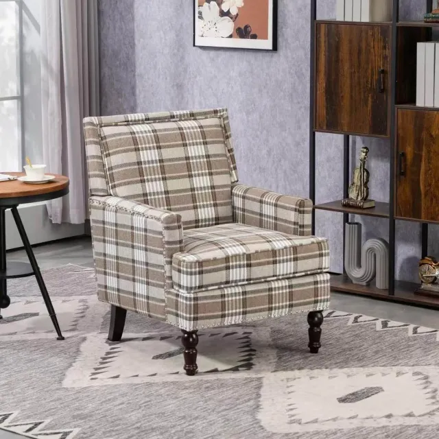 MEUNIQ Vintage fauteuil met armleuningen, bruin-wit patroon, katoen-linnen bekleding, houten poten en gevoerde zitting voor de woonkamer Bruin en wit