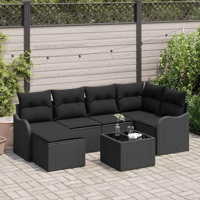 vidaXL Tuin Sofa Set met kussen 7 pcs Zwart Poly riet, foto 2