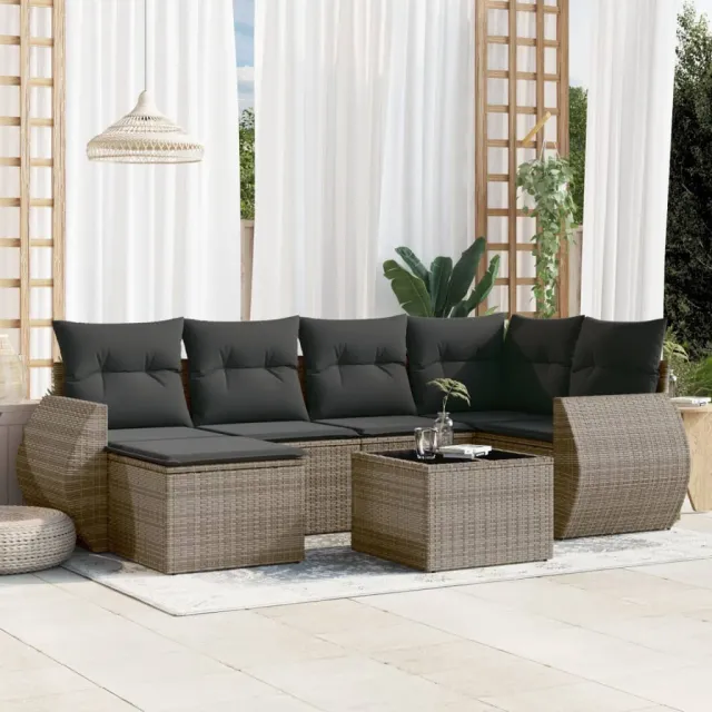 vidaXL 7-delige Loungeset met kussens poly rattan grijs, foto 2