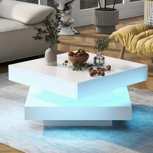 MODFU Salontafel - 360° Draaibaar Blad Met Ledverlichting - Modern - Woonkamer - Spaanplaat - Wit - 70 x 70 x 36 cm