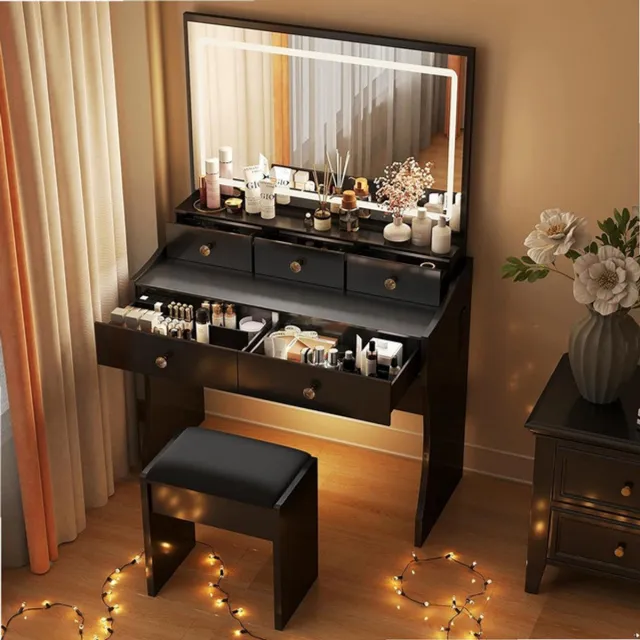 Sierra , Make-uptafel met LED-verlichting, spiegel met instelbare helderheid, inclusief kruk, 5 schuifladen, 80 x 40 x 135 cm, Zwart