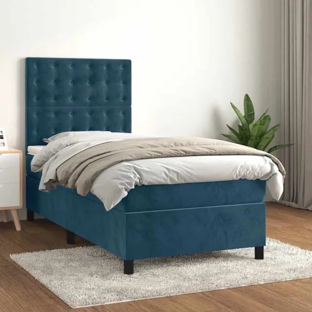 vidaXL Boxspring met matras fluweel donkerblauw 100x200 cm blauw