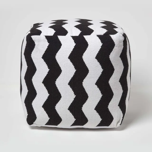 Homescapes Designer Kruk Poef Kubus Chevron Zwart/Wit