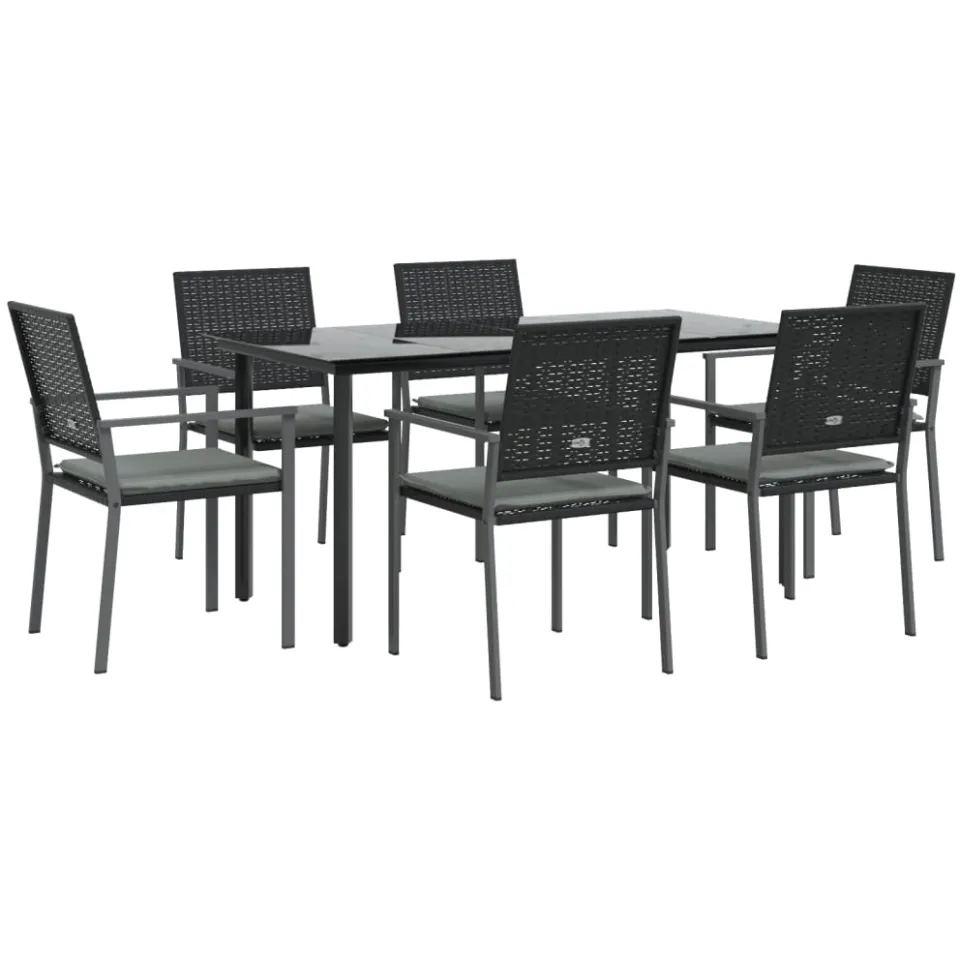 vidaXL 7-delige Tuinset met kussens poly rattan en staal Zwart
