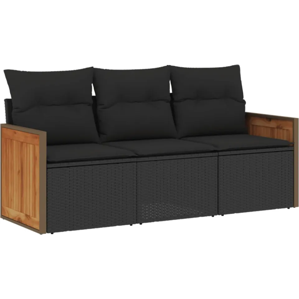 vidaXL 3-delige Loungeset met kussens poly rattan zwart, foto 3