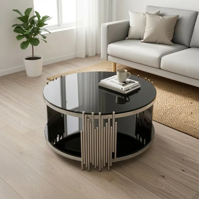 Wishdor Ronde Salontafel - Dubbel Tafelblad En Opbergruimte - Modern - Voor Woonkamer - Roestvrij Staal En Gehard Glas - Zwart En Zilver Zwart+Zilver