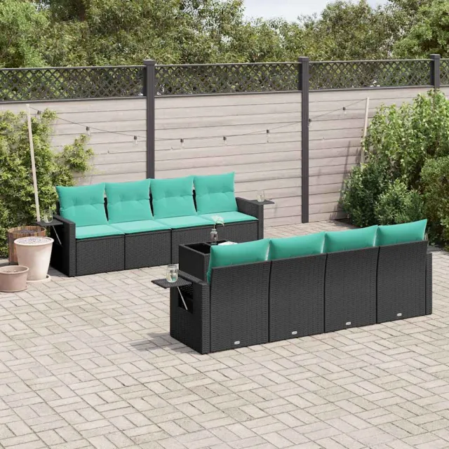 vidaXL 9-delige tuinbankset met kussens van zwart polyrotan, foto 2