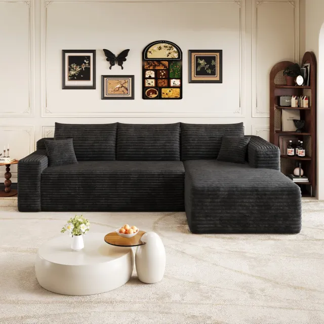 COVREO Hoekbank 241 cm - zwart corduroy, 3-zits, zonder montage