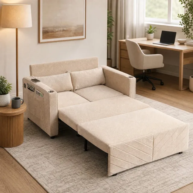 COVREO Slaapbank 195 x 134 x 73 cm beige, van hout en stof met usb-oplaadpoort
