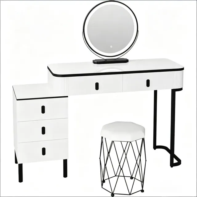 Ropilly Kaptafel Met Dimbare Ledspiegel En Kruk - Make-uptafel Met 5 Laden En Opbergkast - Voor Slaapkamer Of Dressing - Wit Zwart Black,White