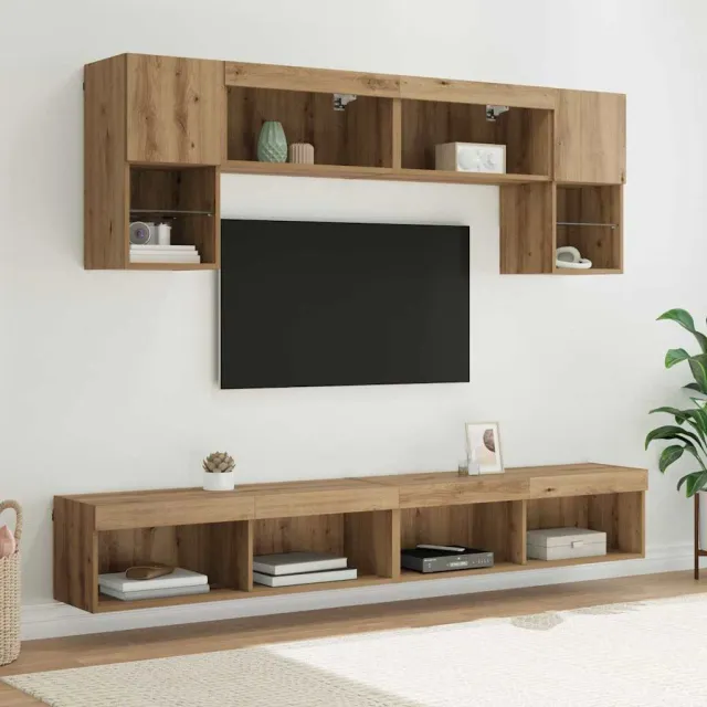 vidaXL TV Wand Eenheden met LED 6 st Artisan Eiken Bewerkt hout Bruin