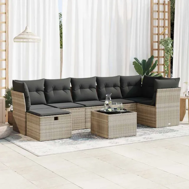 vidaXL 8-delige Loungeset met kussens poly rattan lichtgrijs grijs, foto 2