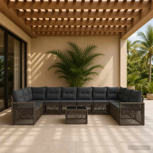 vidaXL Tuinbankenset 11 st 10-zits Grijs en Donkergrijs poly rattan