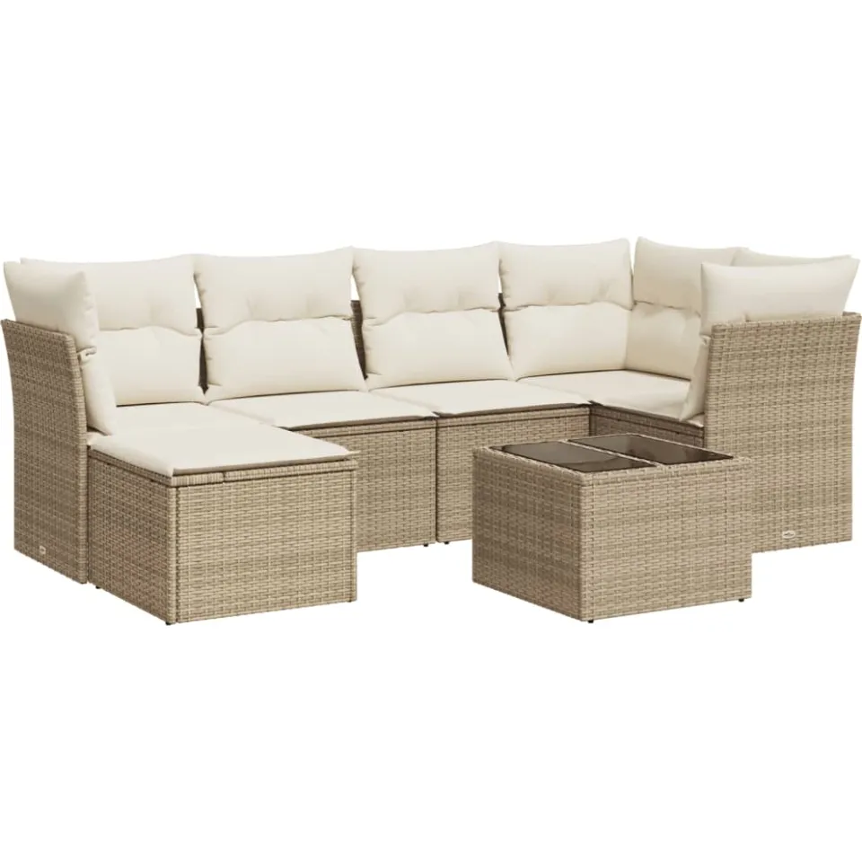 vidaXL 7-delige Loungeset met kussens poly rattan beige, foto 3