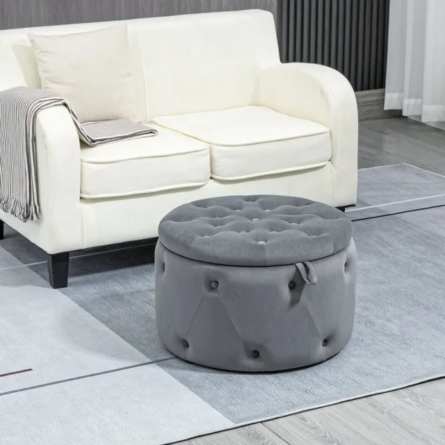 OKWISH Poef Met Opbergruimte – Ø60 X 40 Cm – Gecapitonneerd – Polyester – Grijs – Zitpoef Voor Woonkamer En Slaapkamer