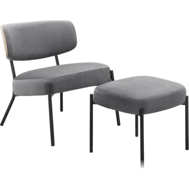 Notio Living Jerry-Loungestoel & Kruk - Antraciet Fluweel Grijs