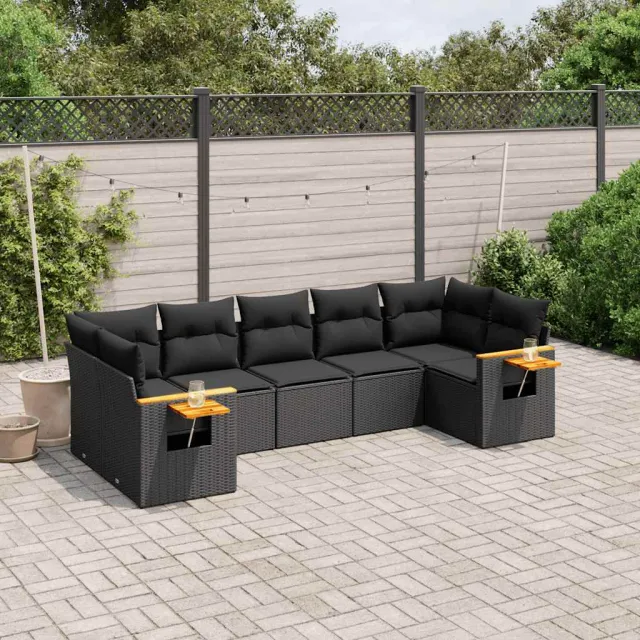 vidaXL 7-delige Loungeset met kussens poly rattan zwart, foto 2