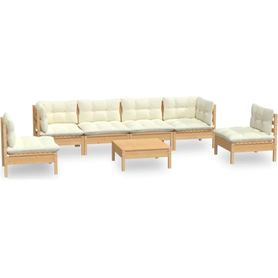 vidaXL 7-delige Loungeset met crèmekleurige kussens massief grenenhout