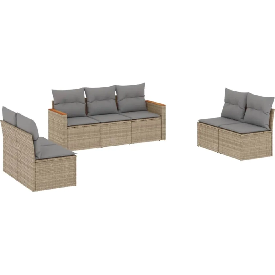 vidaXL 7-delige Loungeset met kussens poly rattan gemengd beige, foto 3