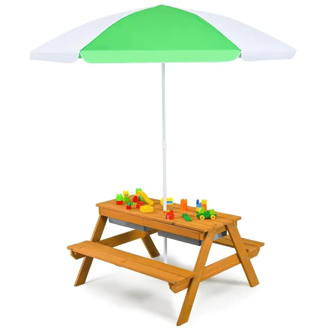 GranMaison Picknicktafel - Kinderen - Tuintafel - Multifunctionele Picknick tafel - Met parasol - Speeltafel - Geschikt voor Buiten - Dennenhout Natuurlijk