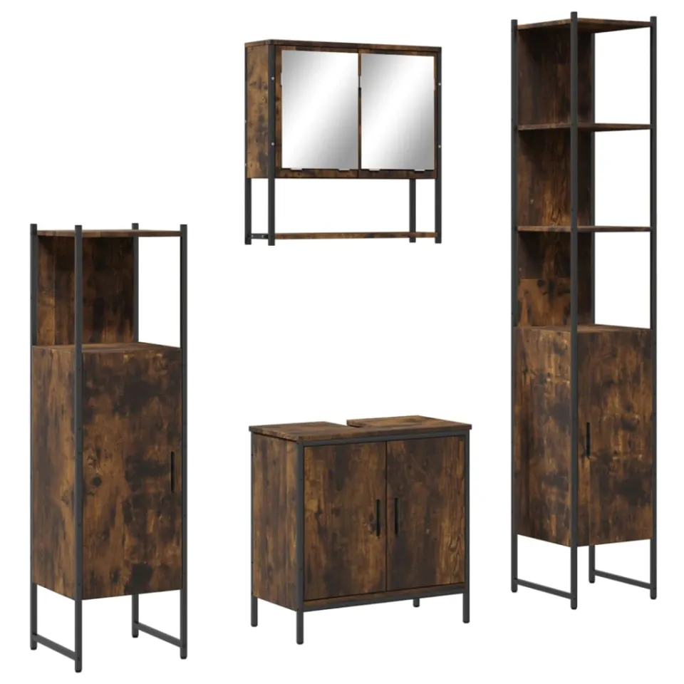 vidaXL 4-delige Badkamermeubelset bewerkt hout gerookt eikenkleurig Bruin