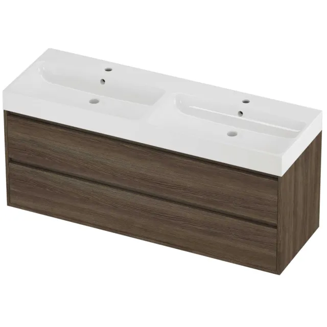 Proline Podium Badmeubelset Polystone Loft 2 Gaten 140x46x62 cm Glans Wit Vital Oak Eiken