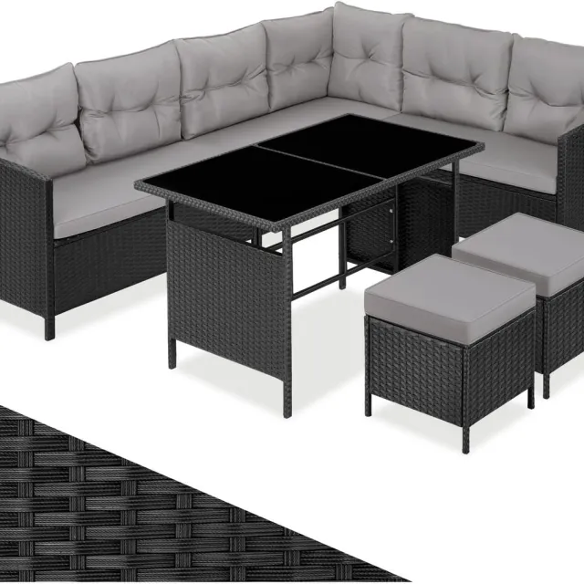 Tectake Loungeset Barletta - 6 tot 8 Personen - Modulaire Tuinset met Loungebank, Kruk en Tuintafel - Tuinmeubels - Balkonmeubel - 5-delige Zitgroep - Inclusief Kussens - Ideaal voor Tuin, Terras en Balkon - Zwart met Grijze Kussens