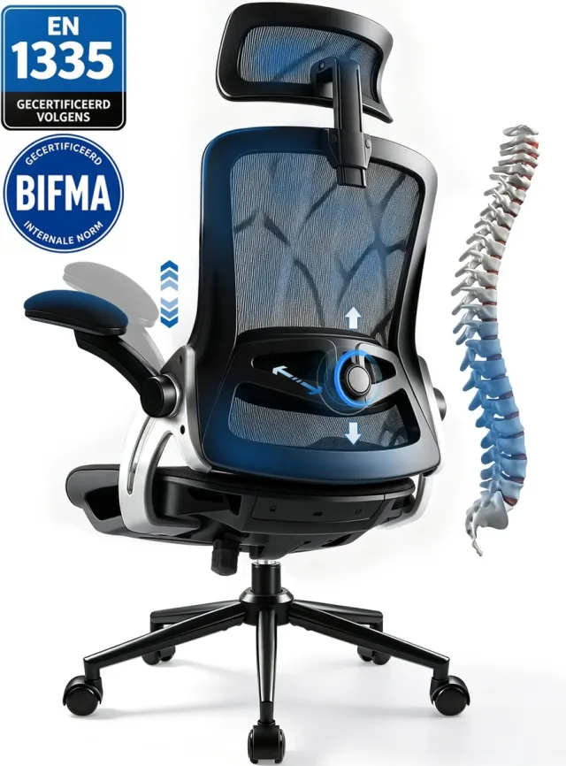 Durrafy Ergonomische Bureaustoel voor Volwassenen – Volledig Mesh met Elastische Zitting en Rugleuning – 4D-Verstelbare Gevoerde Lendensteun – Verstelbare Hoofdsteun – 3D-Armleuningen – 90°–130° Kantelbaar – Tot 150 kg – Zwart M01-H