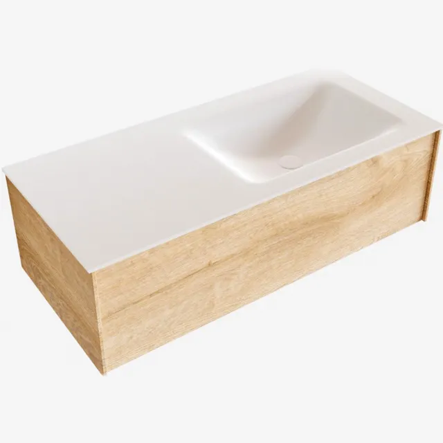 Boss & Wessing Badkamermeubel BWS Madrid Washed Oak 100x45x30 cm Mat Witte Solid Surface Wastafel Rechts (0 kraangaten)