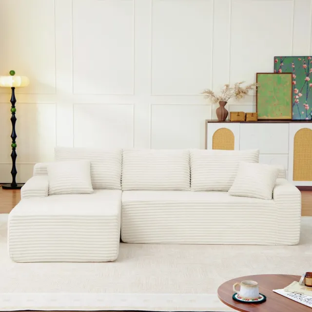 Pugsdrly Modulaire L-vormige cordsofa met een lengte van 239 cm, luxe vloerhoge bankstel, gestoffeerde meubels, compacte, met schuim gestoffeerde bank, geschikt voor woon- en slaapkamers, links Beige