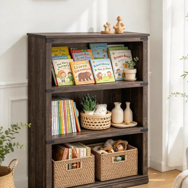 Triumpunpre Vintage 3-Lagen Boekenkast – 80x31x101 cm – Rustieke Opbergkast met Open Schappen – Landelijke Stijl – Voor Woonkamer, Slaapkamer & Kantoor – Donker Eiken
