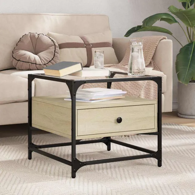 vidaXL Salontafel met glazen blad 50x50x45 cm sonoma eiken staal, foto 2