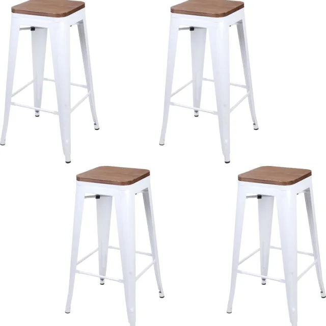 Urban Living SET X 4 BARKRUKKEN IN MAT WIT METAAL MET HOUTEN ZITTING 42,5X42,5X77CM white