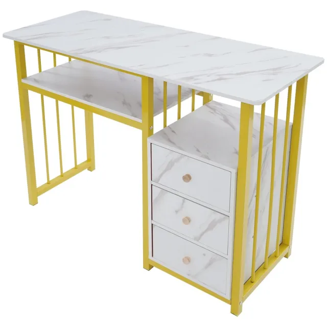 Linkforu Professionele Praktijktafel met Marmerstructuur - 3 Laden – Manicuretafel - Nagelstudio - 100x40x76cm Wit Goud