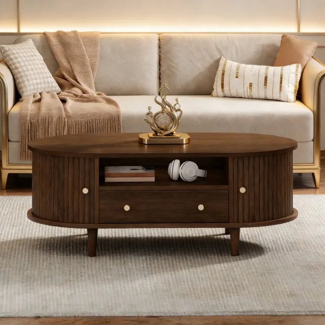Wishdor Ovale Salontafel - Met Lade En Open Opbergruimte - Modern - Voor Woonkamer - MDF - Walnootkleur - 100 X 50 X 36 Cm Notenhout