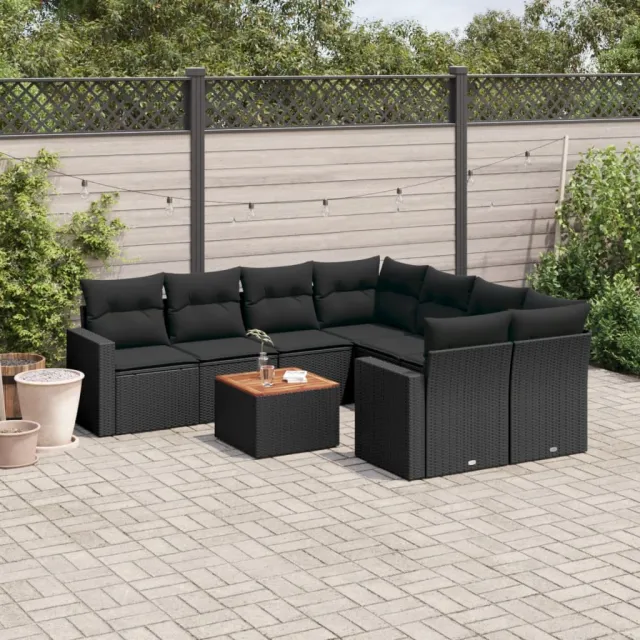 vidaXL 9-delige Loungeset met kussens poly rattan zwart, foto 2