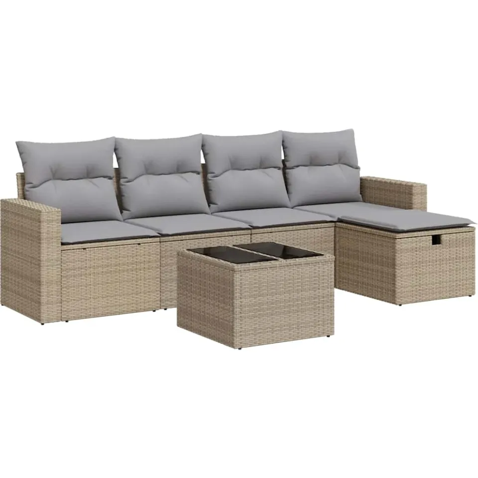 vidaXL 6-delige Loungeset met kussens poly rattan beige, foto 3