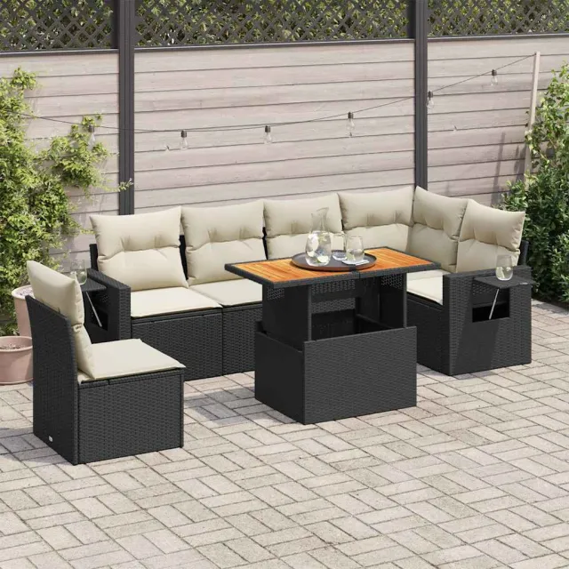 vidaXL 7-delige Loungeset met kussens poly rattan zwart, foto 2