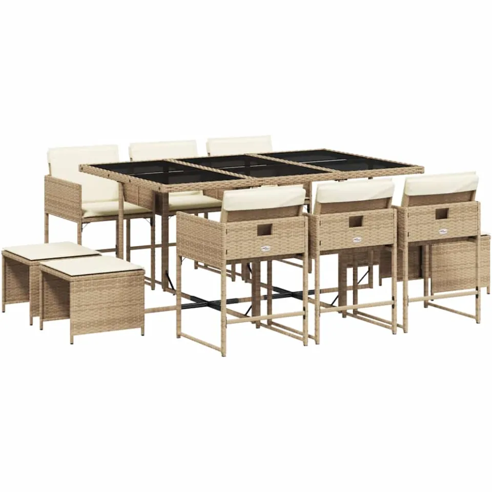 vidaXL 11-delige Tuinset met kussens poly rattan beige, foto 3