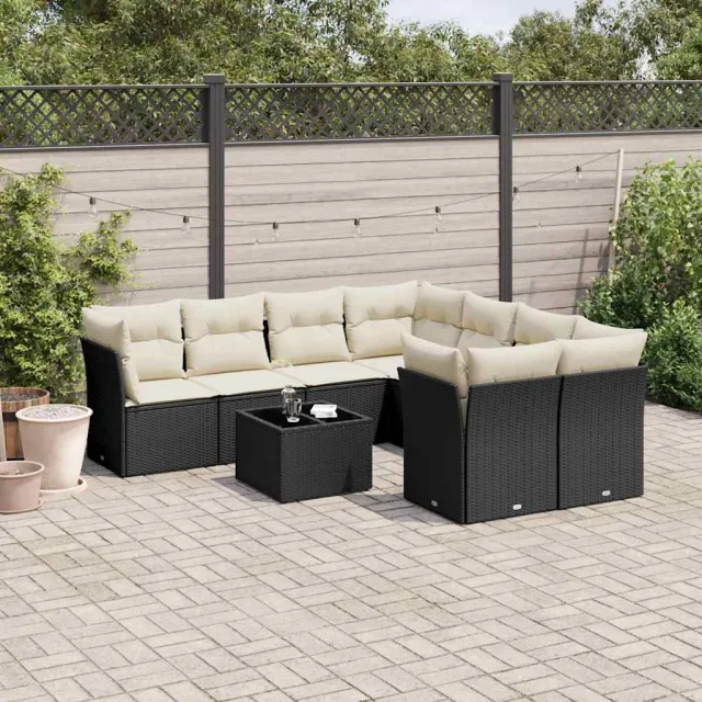 vidaXL 9-delige Loungeset met kussens poly rattan zwart, foto 2