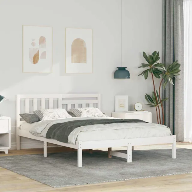 vidaXL Bedframe met hoofdeinde Wit 135 x 190 cm Massief grenenhout