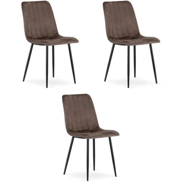 Oskar Set van 3 Eetkamerstoelen LAVA - Donkerbruin fluweel - Zwarte metalen poten - Modern design Bruin/Zwart