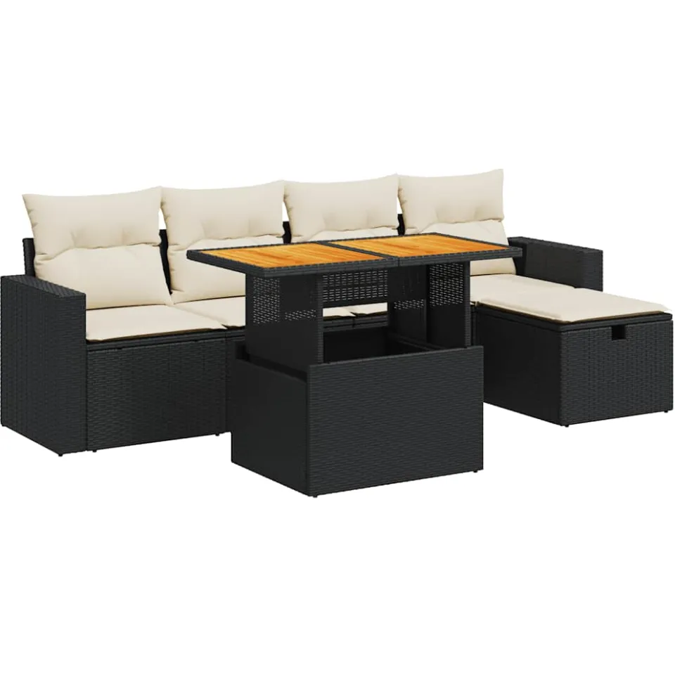 vidaXL 6-delige Loungeset met kussens poly rattan acacia zwart, foto 3