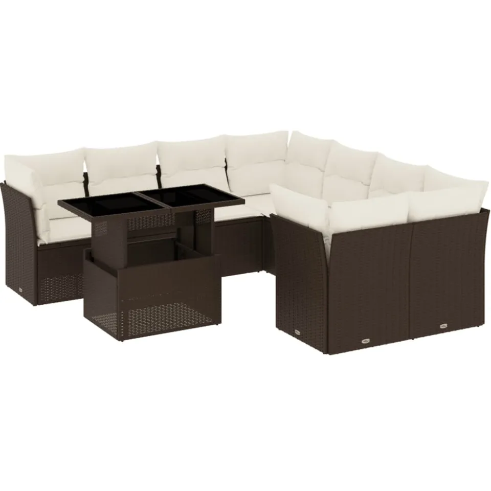 vidaXL 9-delige Loungeset met kussens poly rattan bruin, foto 3