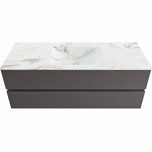 Mondiaz VICA-DLUX 130cm badmeubel onderkast Dark grey 2 lades. Inbouw wastafel CLOUD midden zonder kraangat, kleur Frappe.