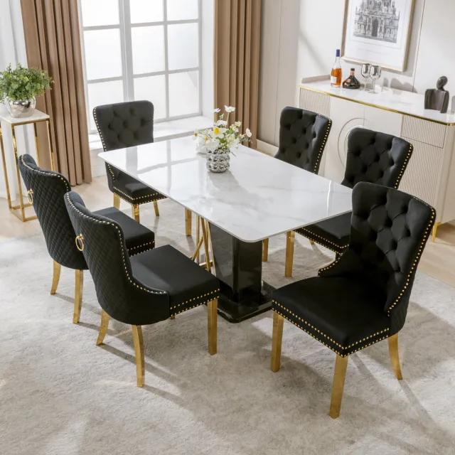 DESMIU Eetkamerstoel - Set Van 6 - Fluwelen Bekleding Met Ronde Trekring En Nagelkopdetails - Voor Eetkamer En Woonkamer - RVS Zwart Goud Black