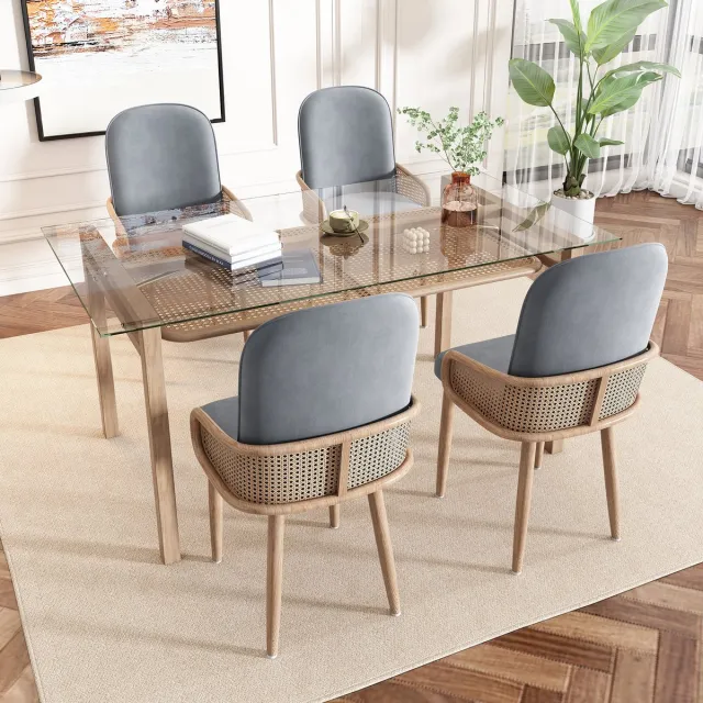 COVREO Eetkamerstoel set van 4 - velvet, rattan-design, armleuningen, grijs